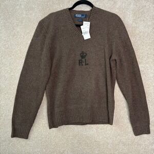 NWT POLO RALPH LAUREN Vintage 100% Wool Sweater Men's Large Brown Logo